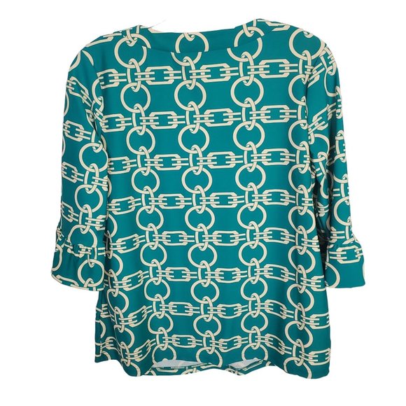 Aryeh Sz M Shirt Scoop Pullover 3/4 Ruffle Bell Sleeve Stretch Linked Chains - Picture 3 of 7